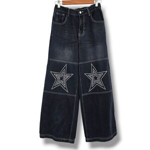 Daisy Street Womens Black Star Embroidered Wide Leg Jeans Y2K Contrast Stitch S